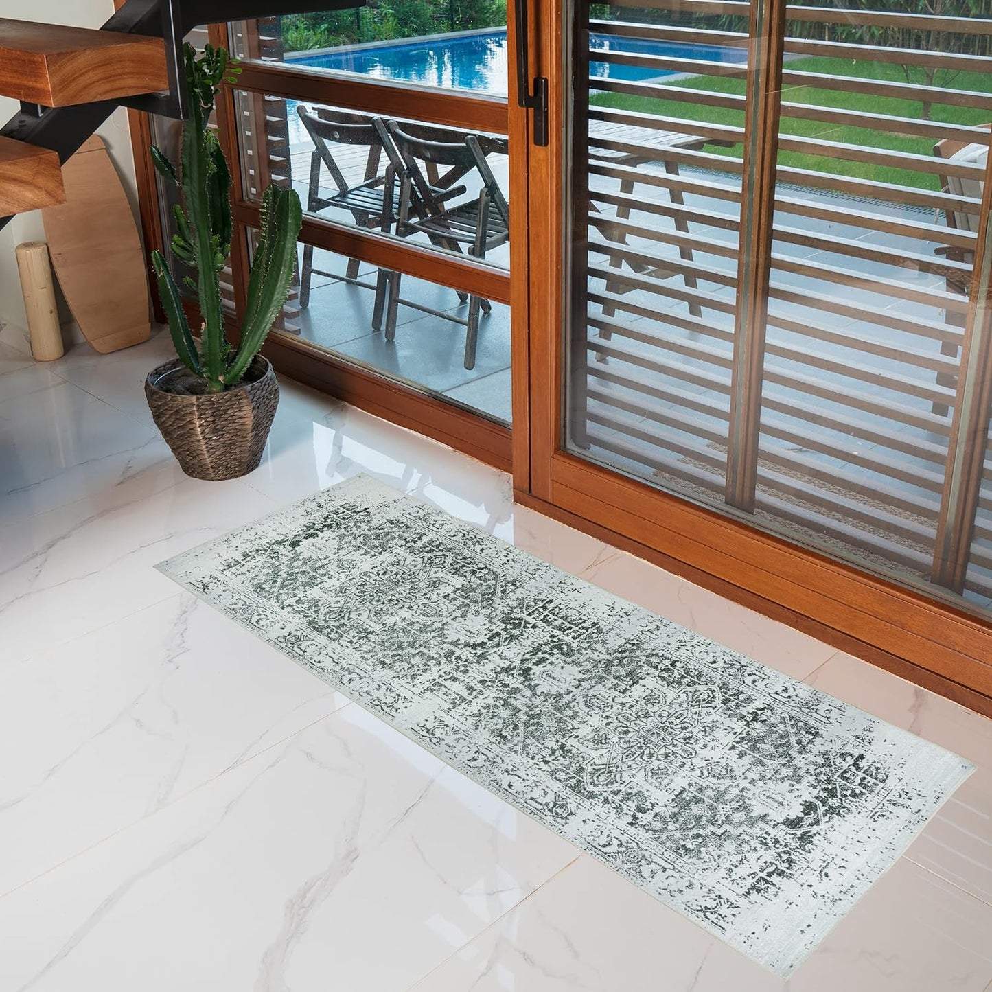 Playa Rug Machine Washable Area Rug With Non Slip Backing - Stain Resistant - Eco Friendly - Family and Pet Friendly - Himalayas Traditional Floral Abstract Green&Creme Design 2'8''x8'
