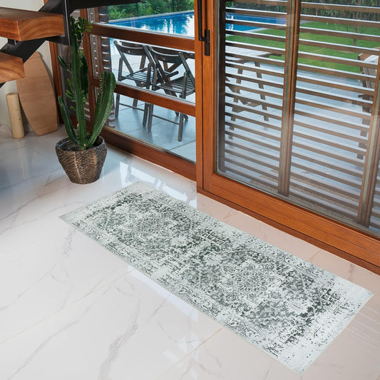 Playa Rug Machine Washable Area Rug With Non Slip Backing - Stain Resistant - Eco Friendly - Family and Pet Friendly - Himalayas Traditional Floral Abstract Green&Creme Design 2'8''x8'