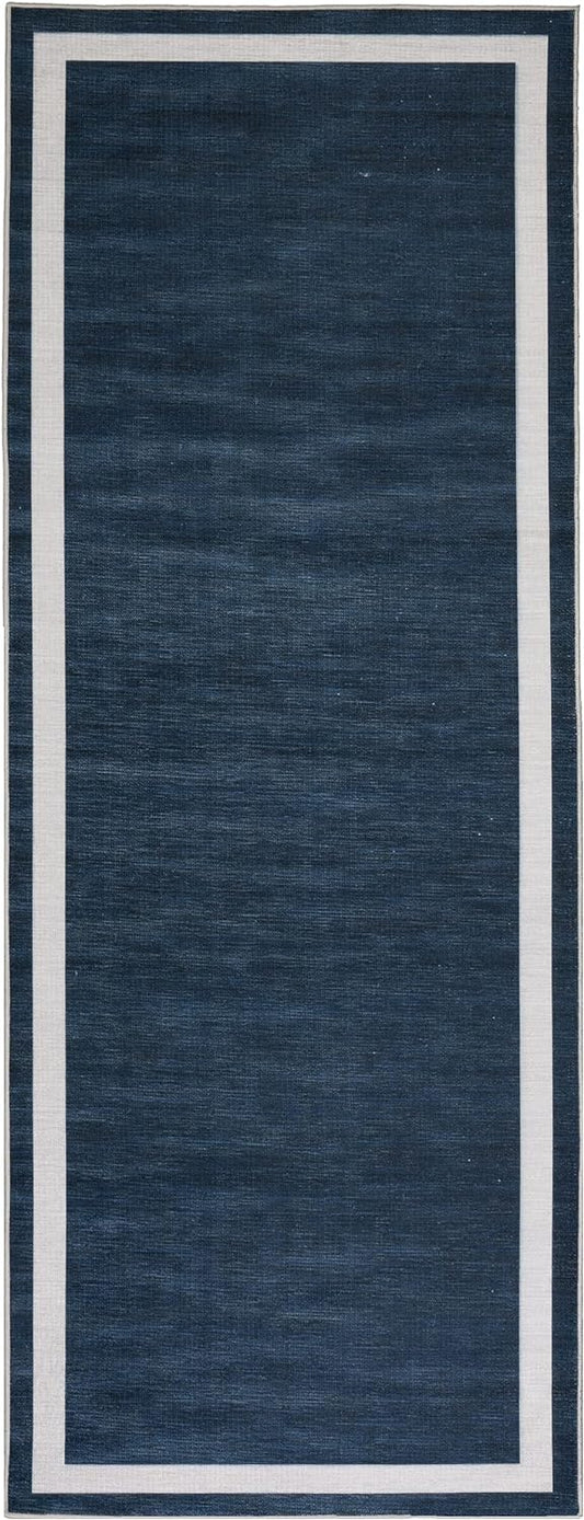 Playa Rug Machine Washable Area Rug With Non Slip Backing - Stain Resistant - Eco Friendly - Family and Pet Friendly - Everest Geometric Modern Bordered Navy&Creme Design 2'2''x6'