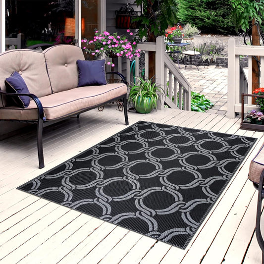 Playa Outdoor Rug - Crease-Free Recycled Plastic Floor Mat for Patio, Camping, Beach, Balcony, Porch, Deck - Weather, Water, Stain, Lightweight, Fade and UV Resistant - Marrakesh- Black & Gray (6'x9')