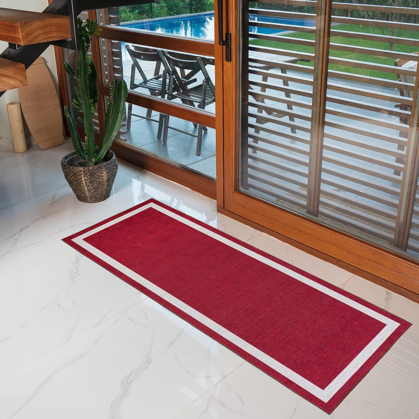 Playa Rug Machine Washable Area Rug With Non Slip Backing - Stain Resistant - Eco Friendly - Family and Pet Friendly - Everest Geometric Modern Bordered Burgundy&Creme Design 2'8''x8'
