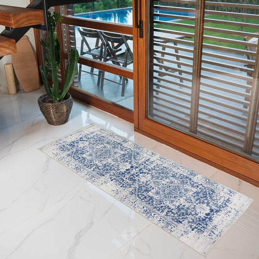 Playa Rug Machine Washable Area Rug With Non Slip Backing - Stain Resistant - Eco Friendly - Family and Pet Friendly - Himalayas Traditional Floral Abstract Navy&Creme Design 2'8''x8'