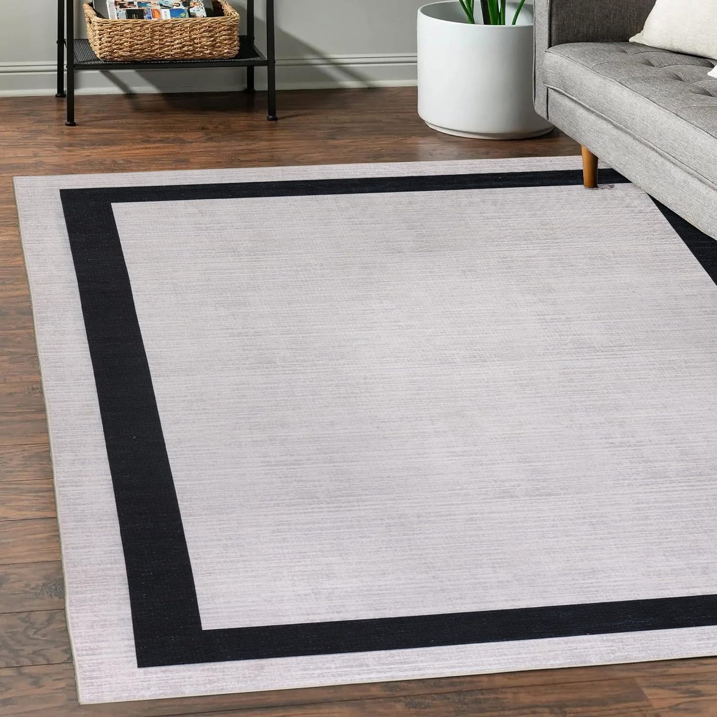 Playa Rug Machine Washable Area Rug With Non Slip Backing - Stain Resistant - Eco Friendly - Family and Pet Friendly - Everest Geometric Modern Bordered Creme&Black Design 5'4''x8'