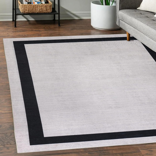 Playa Rug Machine Washable Area Rug With Non Slip Backing - Stain Resistant - Eco Friendly - Family and Pet Friendly - Everest Geometric Modern Bordered Creme&Black Design 5'8''x9'
