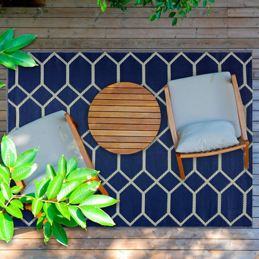 Playa Outdoor Rug - Crease-Free Recycled Plastic Floor Mat for Patio, Camping, Beach, Balcony, Porch, Deck - Weather, Water, Stain, Lightweight, Fade and UV Resistant - Miami- Navy & Creme (8'x10')