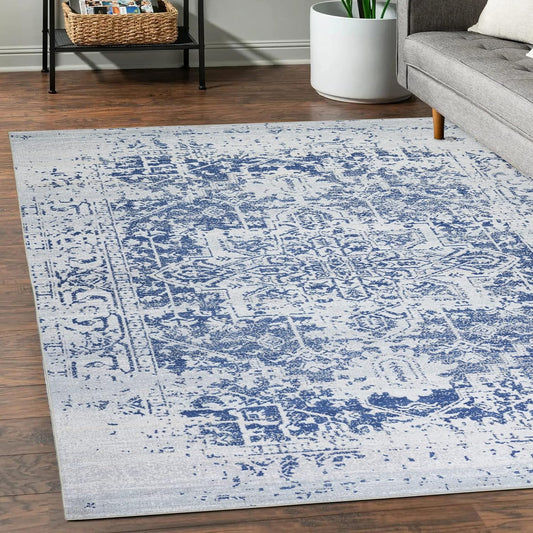 Playa Rug Machine Washable Area Rug With Non Slip Backing - Stain Resistant - Eco Friendly - Family and Pet Friendly - Himalayas Traditional Floral Abstract Navy&Creme Design 5'8''x9'
