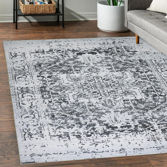 Playa Rug Machine Washable Area Rug With Non Slip Backing - Stain Resistant - Eco Friendly - Family and Pet Friendly - Himalayas Traditional Floral Abstract Black&Creme Design 5'4''x8'