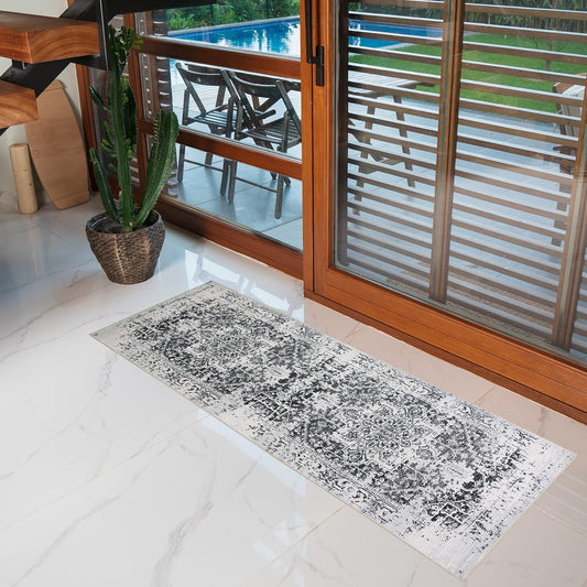 Playa Rug Machine Washable Area Rug With Non Slip Backing - Stain Resistant - Eco Friendly - Family and Pet Friendly - Himalayas Traditional Floral Abstract Black&Creme Design 2'2''x6'