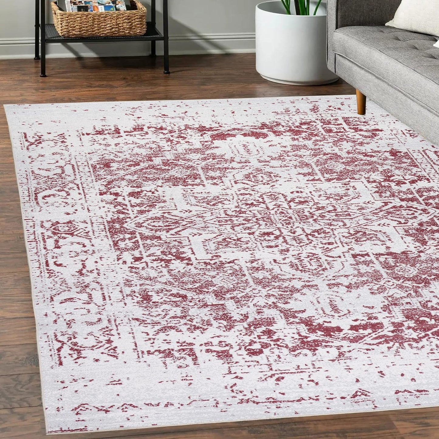 Playa Rug Machine Washable Area Rug With Non Slip Backing - Stain Resistant - Eco Friendly - Family and Pet Friendly - Himalayas Traditional Floral Abstract Burgundy&Creme Design 5'4''x8'