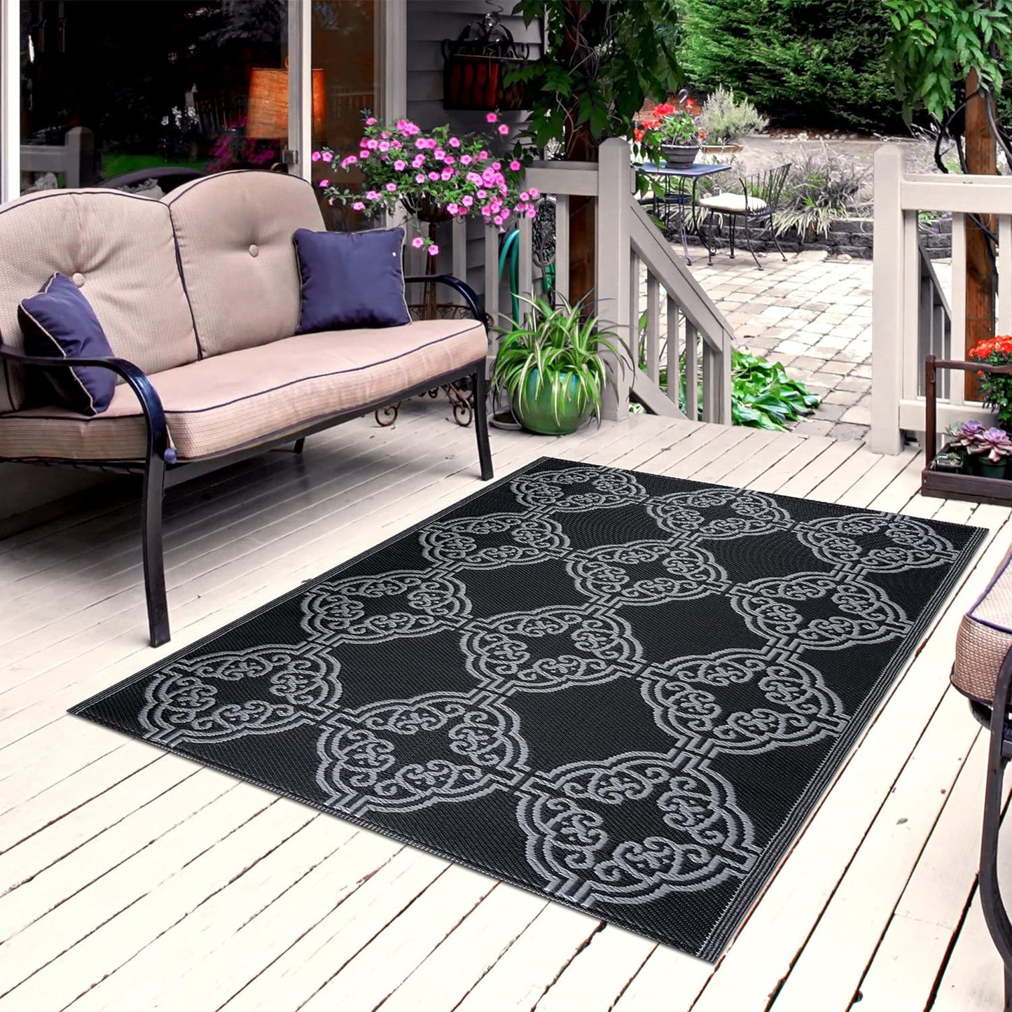Playa Outdoor Rug - Crease-Free Recycled Plastic Floor Mat for Patio, Camping, Beach, Balcony, Porch, Deck - Weather, Water, Stain, Lightweight, Fade and UV Resistant - Marrakesh- Black & Gray (5'x7')