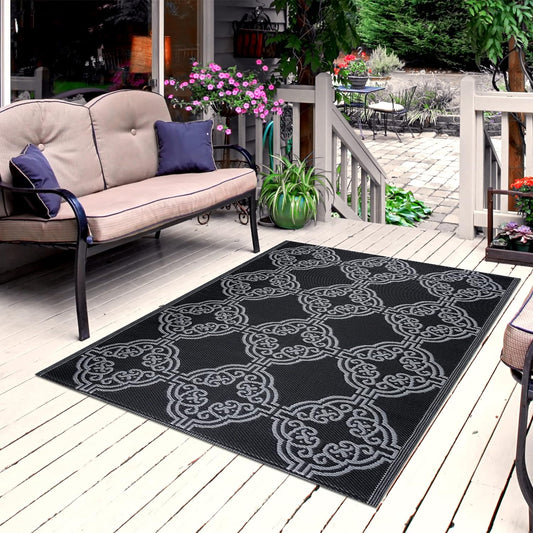 Playa Outdoor Rug - Crease-Free Recycled Plastic Floor Mat for Patio, Camping, Beach, Balcony, Porch, Deck - Weather, Water, Stain, Lightweight, Fade and UV Resistant - Marrakesh- Black & Gray (5'x7')