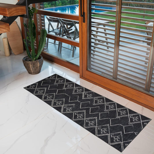 Playa Rug Machine Washable Area Rug With Non Slip Backing - Stain Resistant - Eco Friendly - Family and Pet Friendly - Aspen Tribal Moroccan Bohemian Black&Creme Design 2'2''x6'