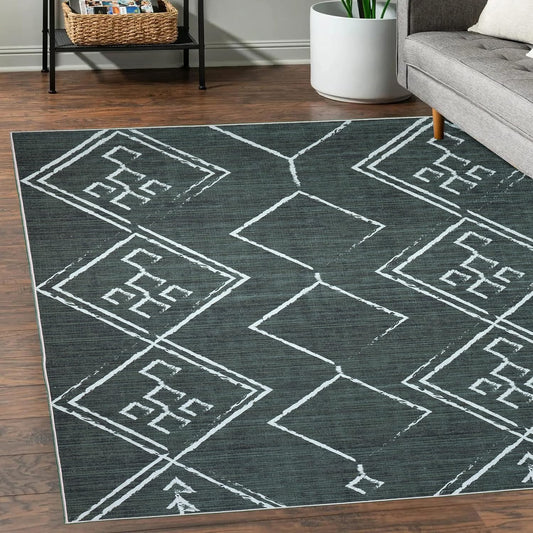 Playa Rug Machine Washable Area Rug With Non Slip Backing - Stain Resistant - Eco Friendly - Family and Pet Friendly - Aspen Tribal Moroccan Bohemian Green&Creme Design 8'x10'