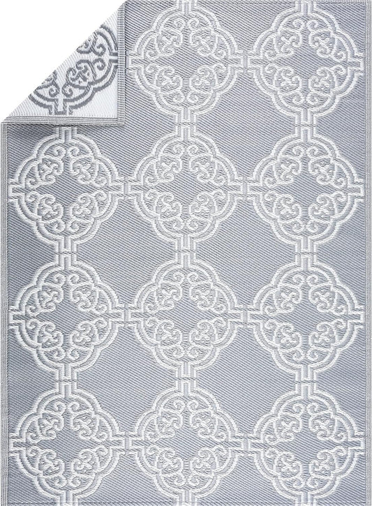 Playa Outdoor Rug - Crease-Free Recycled Plastic Floor Mat for Patio, Camping, Beach, Balcony, Porch, Deck - Weather, Water, Stain, Lightweight, Fade and UV Resistant - Marrakesh- Gray & White (6'x9')