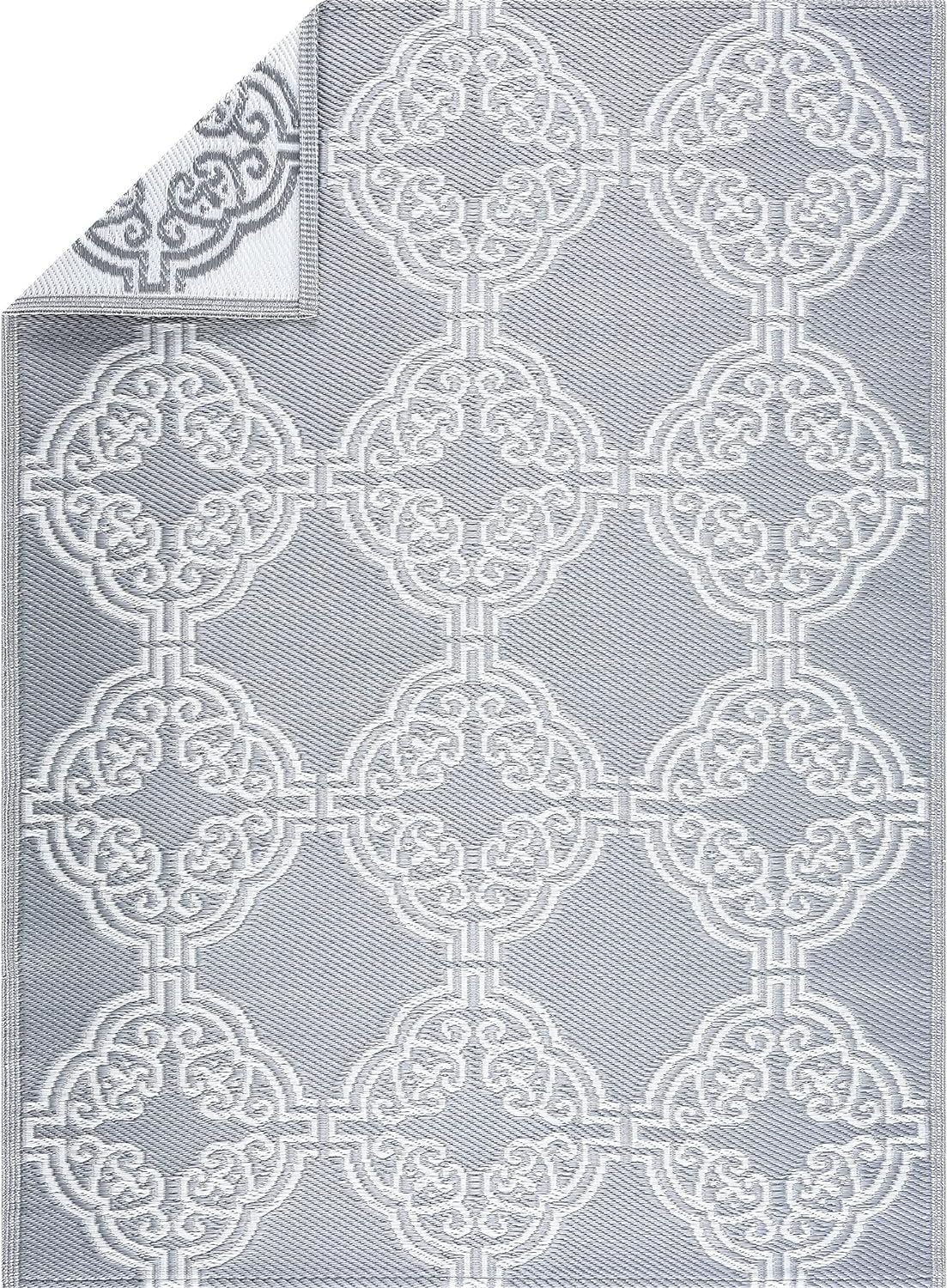 Playa Outdoor Rug - Crease-Free Recycled Plastic Floor Mat for Patio, Camping, Beach, Balcony, Porch, Deck - Weather, Water, Stain, Lightweight, Fade and UV Resistant - Marrakesh- Gray & White (5'x7')