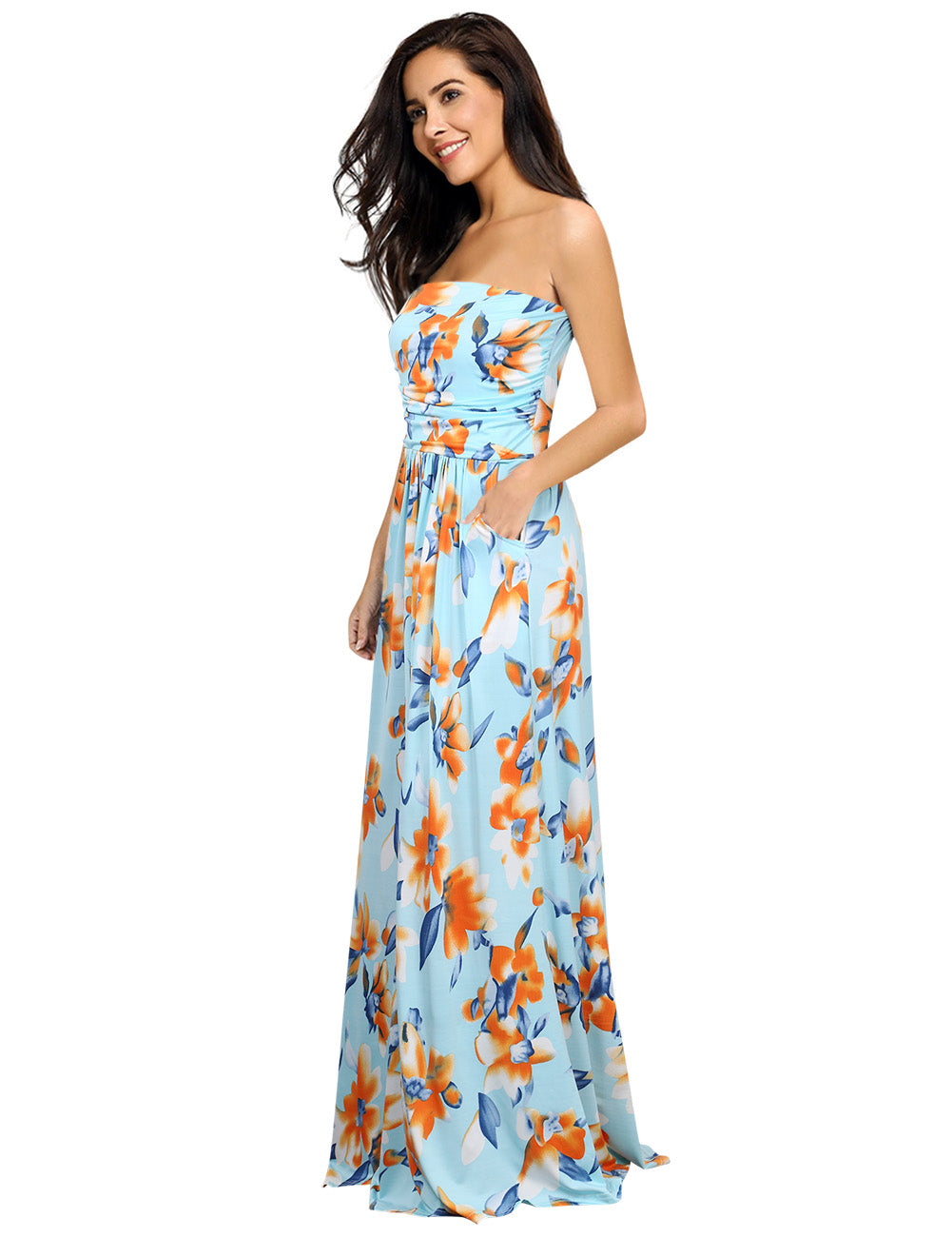 YESFASHION Women Ruched Strapless Maxi Vintage Floral Print Long Dress Blue