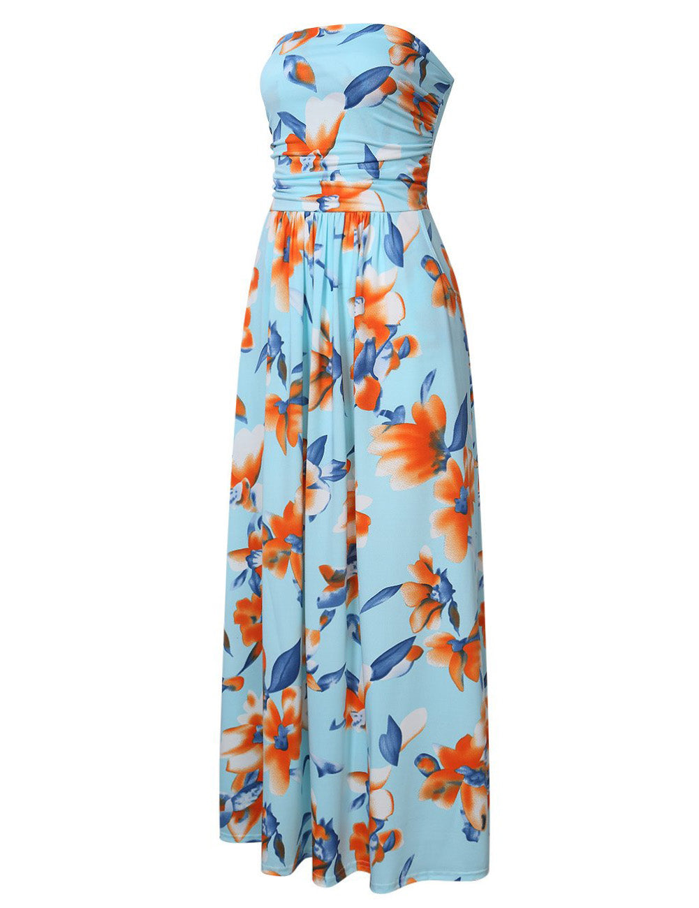 YESFASHION Women Ruched Strapless Maxi Vintage Floral Print Long Dress Blue