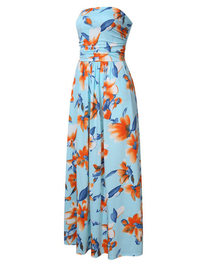 YESFASHION Women Ruched Strapless Maxi Vintage Floral Print Long Dress Blue