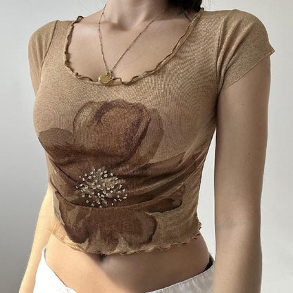 YESFASHION Women T-shirt U Neck Short Sleeve Flower Crop Tops