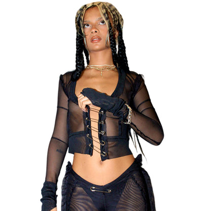 YESFASHION Women Sheer Mesh Crop Sexy Slim Fit Tops