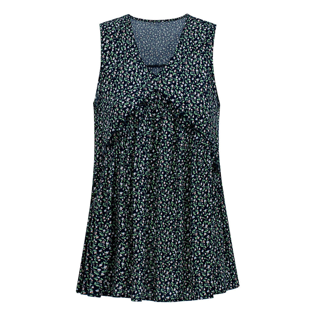 YESFASHION Women V Neck Elegant Floral Printing Ruffled Vest Tops