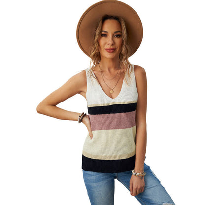 YESFASHION Women V-neck Sleeveless Shirts Contrast Knitted Tops