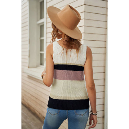 YESFASHION Women V-neck Sleeveless Shirts Contrast Knitted Tops