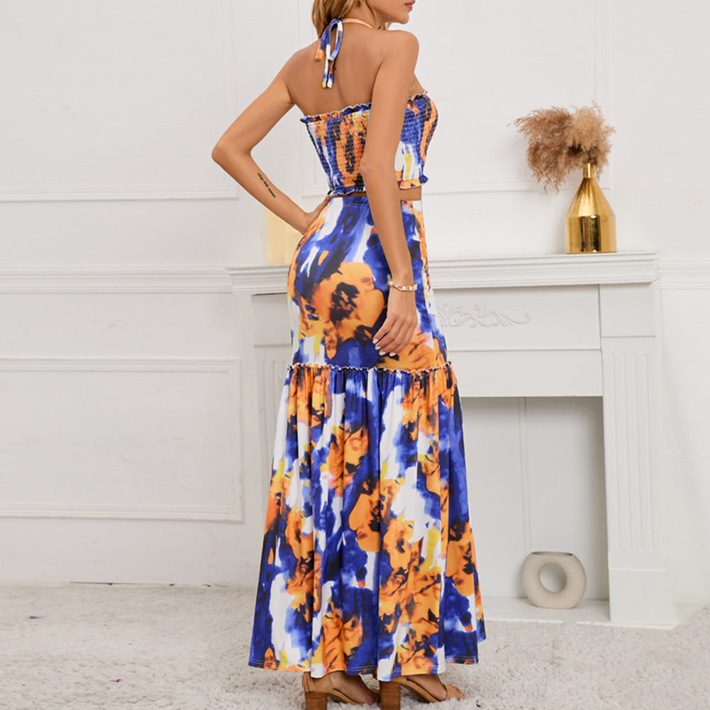 YESFASHION 2pcs Boho Halter Neck Crop Top Skirt Set Suit