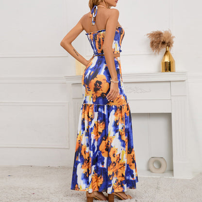 YESFASHION 2pcs Boho Halter Neck Crop Top Skirt Set Suit