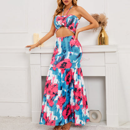 YESFASHION 2pcs Boho Halter Neck Crop Top Skirt Set Suit