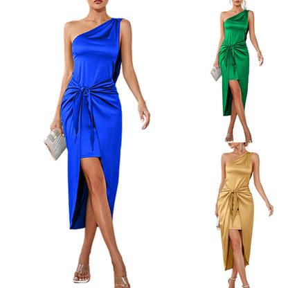 YESFASHION Women One Shoulder Dress Elegant Lace-up Skirt