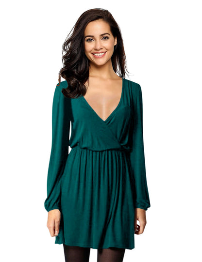YESFASHION Women V-Neck A-Line Solid Plain Party Casual Mini Dress