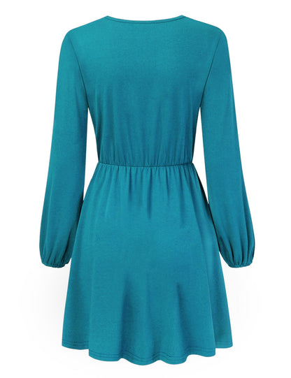 YESFASHION Women V-Neck A-Line Solid Plain Party Casual Mini Dress Blue Green