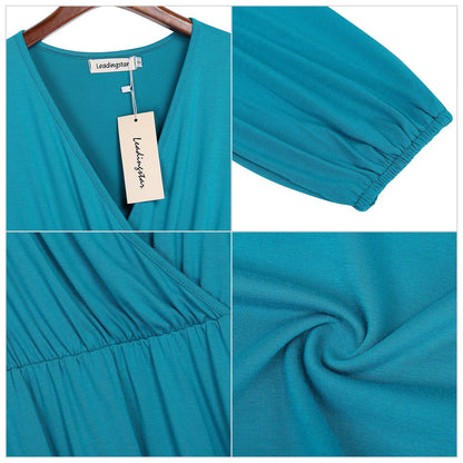 YESFASHION Women V-Neck A-Line Solid Plain Party Casual Mini Dress Blue Green