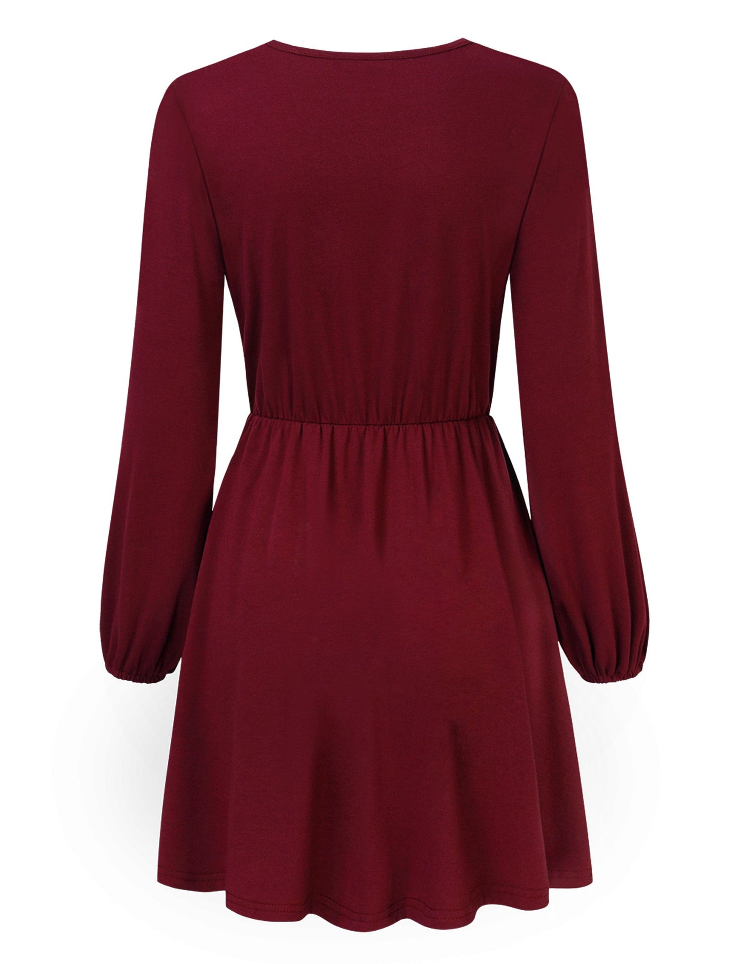 YESFASHION Women V-Neck A-Line Solid Plain Party Casual Mini Dress Wine Red