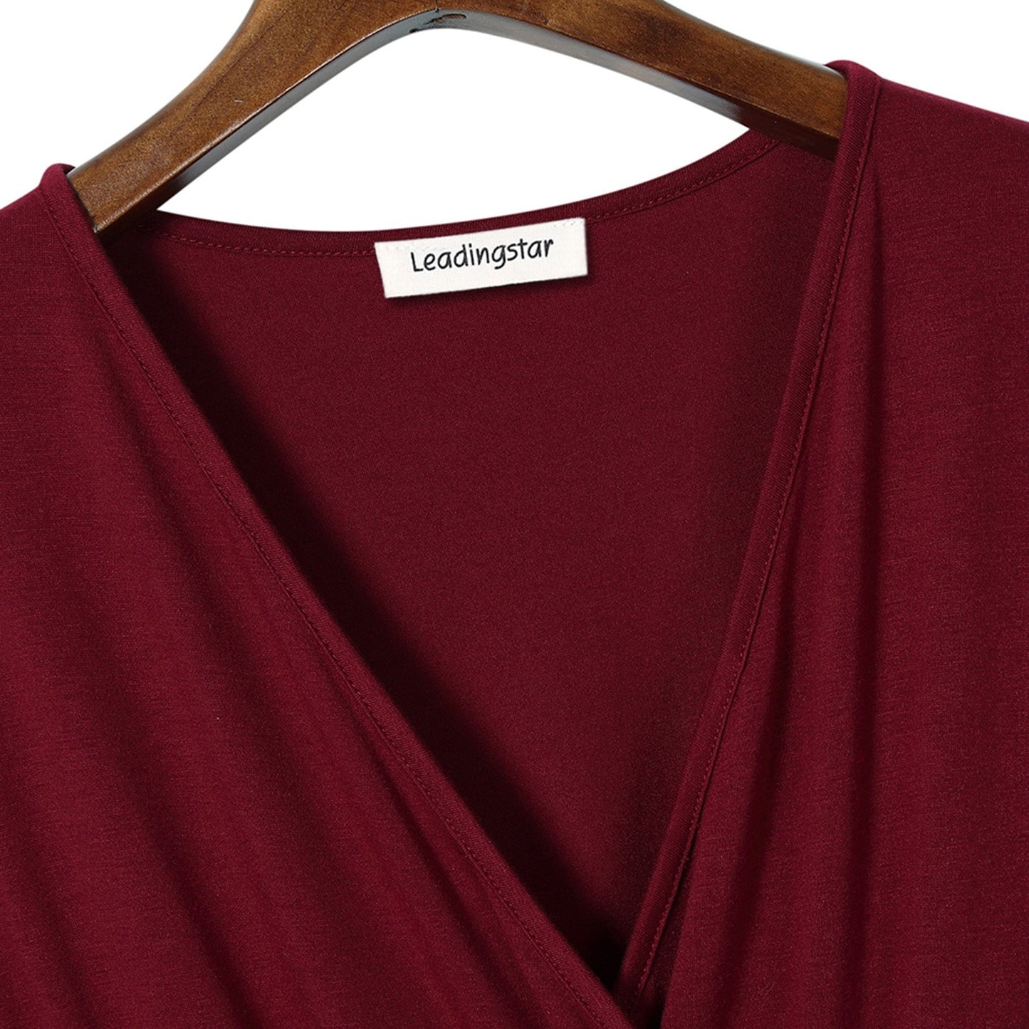 YESFASHION Women V-Neck A-Line Solid Plain Party Casual Mini Dress Wine Red