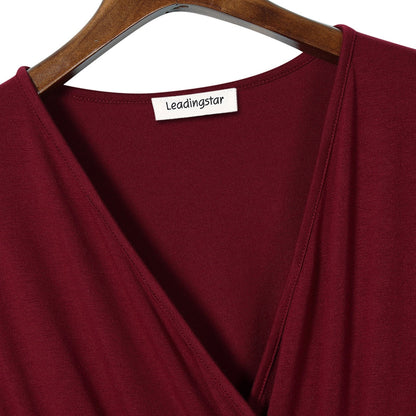 YESFASHION Women V-Neck A-Line Solid Plain Party Casual Mini Dress Wine Red