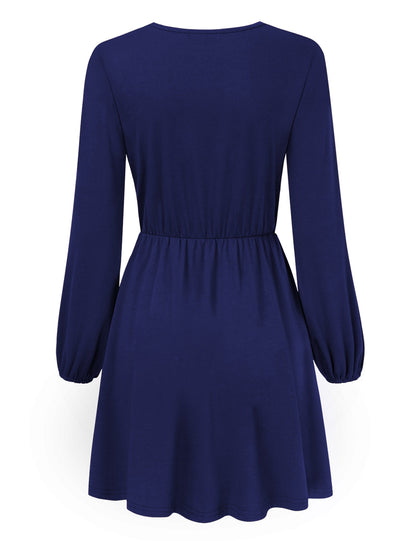 YESFASHION Women V-Neck A-Line Solid Plain Party Casual Mini Dress Navy Blue