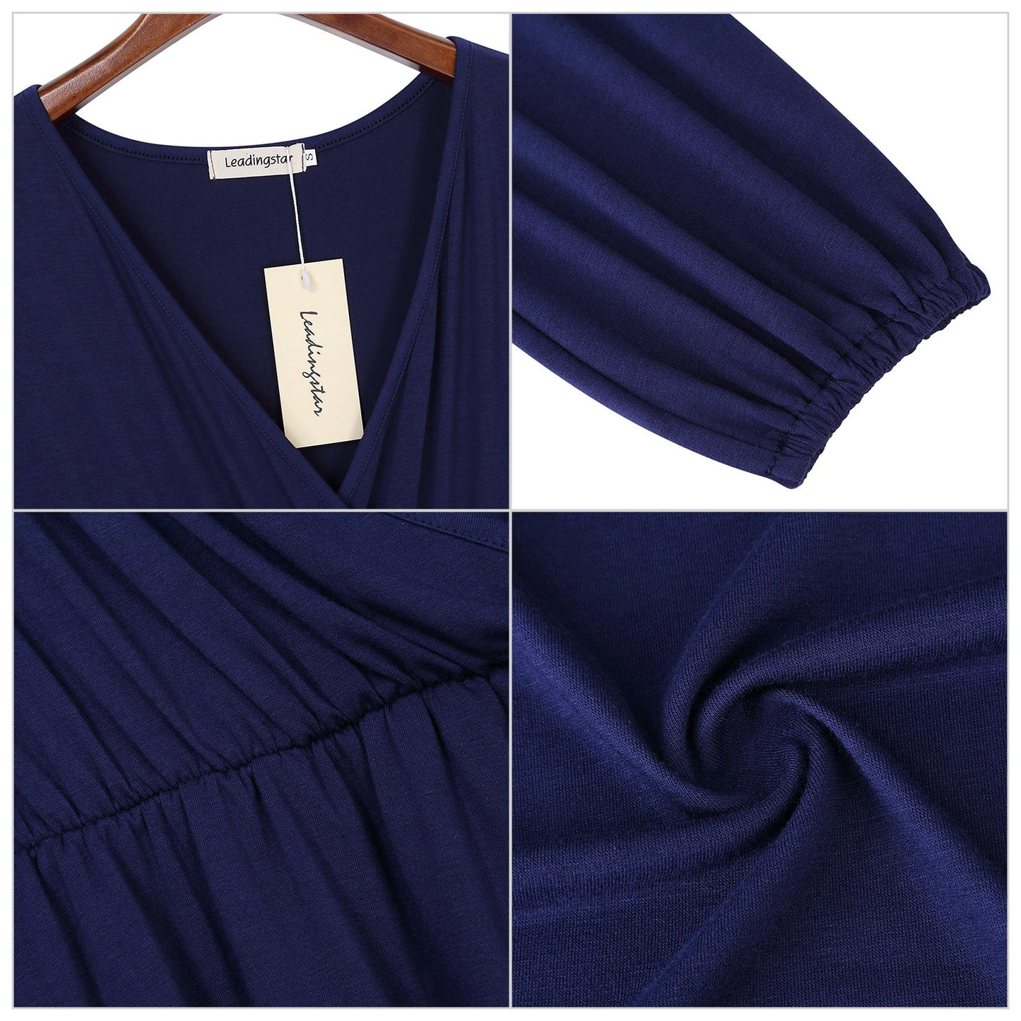 YESFASHION Women V-Neck A-Line Solid Plain Party Casual Mini Dress Navy Blue