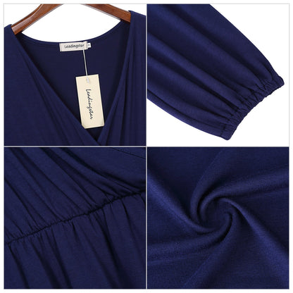 YESFASHION Women V-Neck A-Line Solid Plain Party Casual Mini Dress Navy Blue