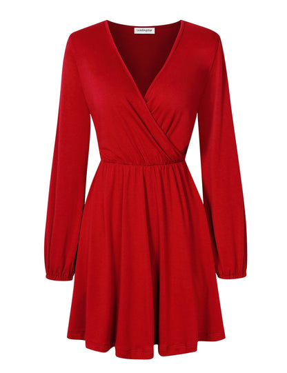 YESFASHION Women V-Neck A-Line Solid Plain Party Casual Mini Dress Red