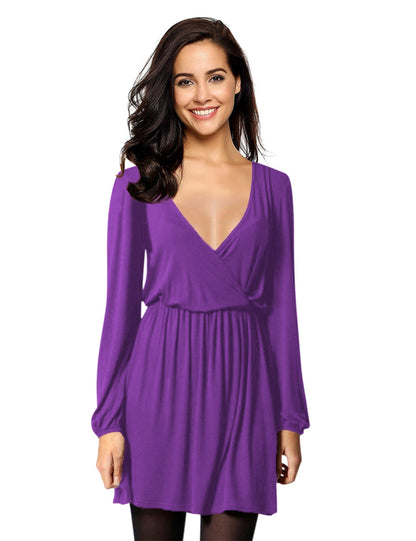 YESFASHION Women V-Neck A-Line Solid Plain Party Casual Mini Dress Blue