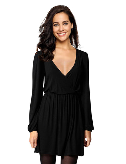 YESFASHION Women V-Neck A-Line Solid Plain Party Casual Mini Dress Blue