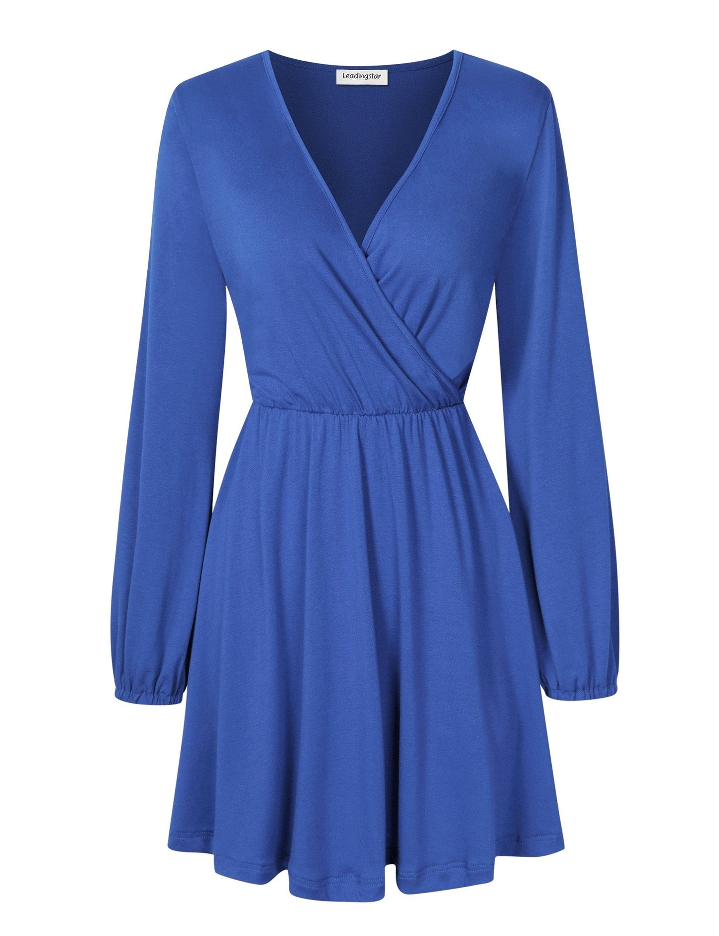 YESFASHION Women V-Neck A-Line Solid Plain Party Casual Mini Dress Blue