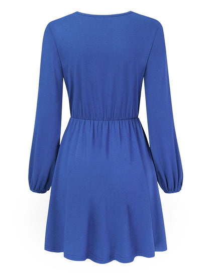 YESFASHION Women V-Neck A-Line Solid Plain Party Casual Mini Dress Blue