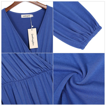 YESFASHION Women V-Neck A-Line Solid Plain Party Casual Mini Dress Blue