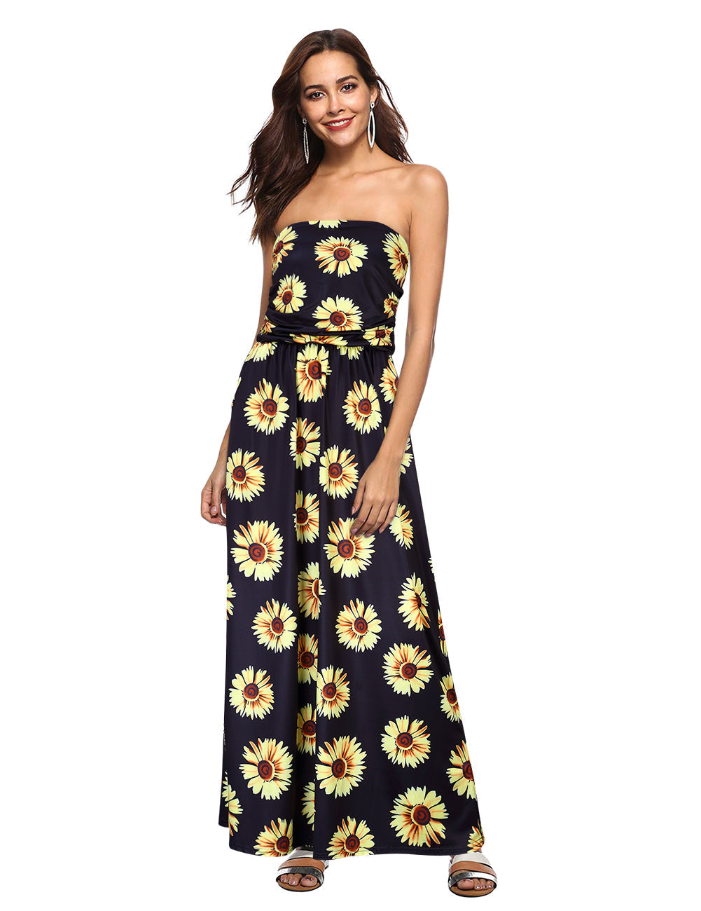 YESFASHION Women's Strapless Graceful Floral Party Maxi Long Dress Wine Red