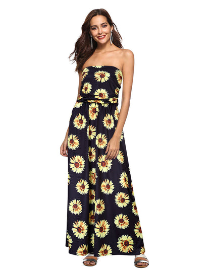 YESFASHION Women's Strapless Graceful Floral Party Maxi Long Dress Wine Red