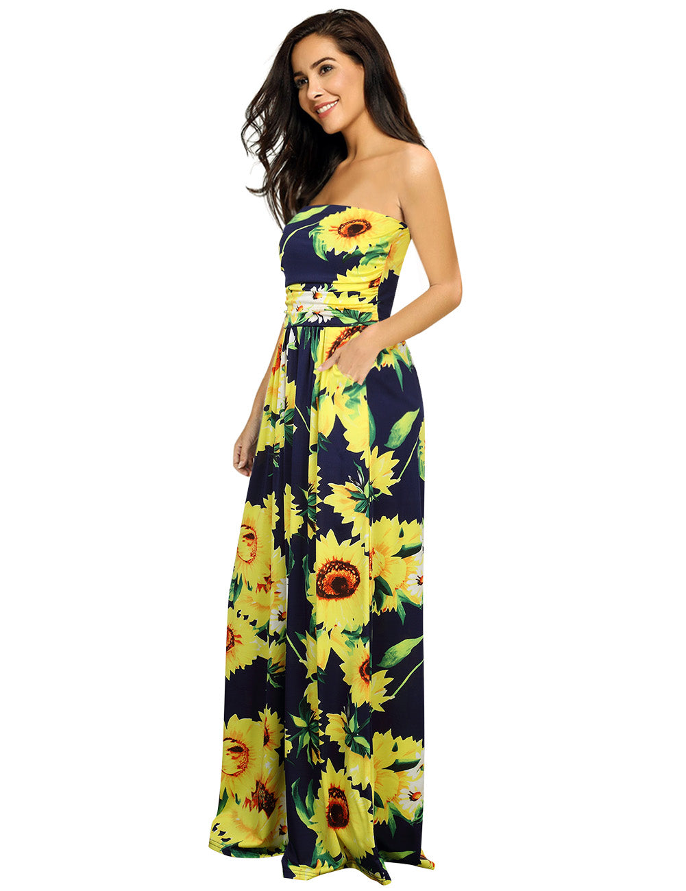 YESFASHION Women's Strapless Graceful Floral Maxi Long Dress