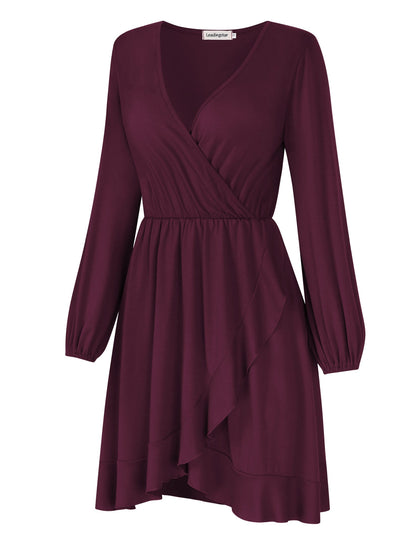 YESFASHION Women's Vneck A-Line Ruffles Cocktail Party Dress Brown